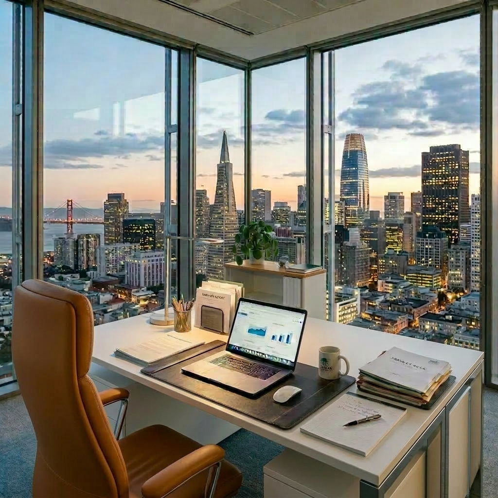 A desk in a high-rise office with city skyline during dusk.